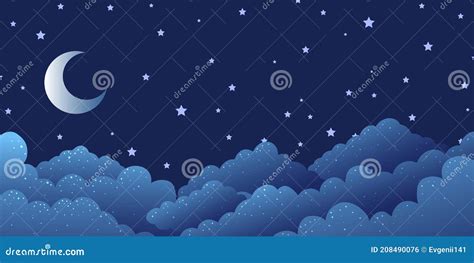 Fundo Noturno De Desenho Abstrato Vetorial Lua Entre Estrelas E Nuvens Ilustração Do Vetor