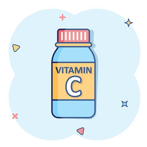 Vitamin C Icon In Comic Style Bottle With Pill Cartoon Vector