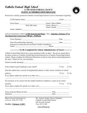 Fillable Online Cchs Homecoming Dance Guest Authorization Release Fax