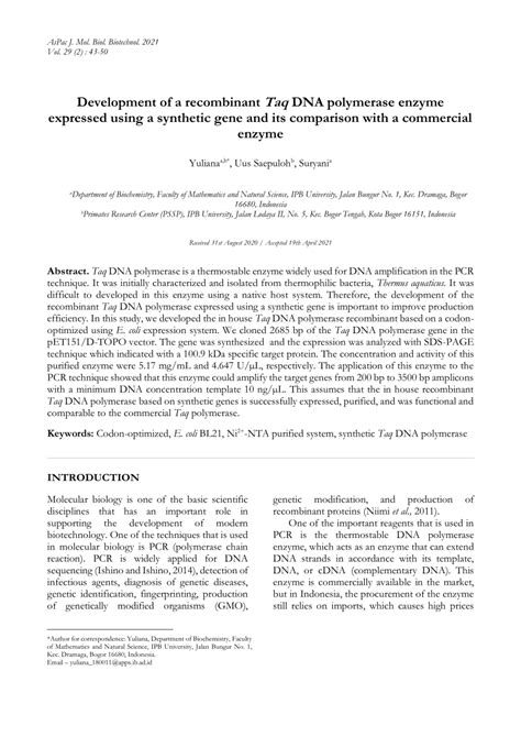 Pdf Development Of A Recombinant Taq Dna Polymerase Enzyme Expressed Using A Synthetic Gene