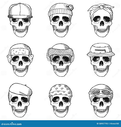 Set Of Hand Drawn Skulls With Hats Stock Vector Illustration Of