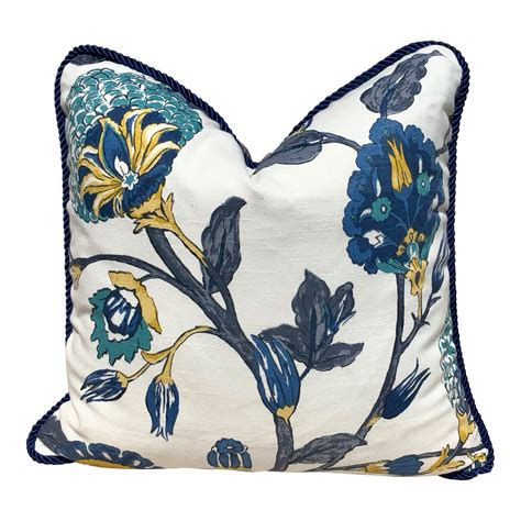 Floral Pillow Cover Teal Navy Blue Aqua Green With Navy Blue Rope Trim Floral Pillows Teal