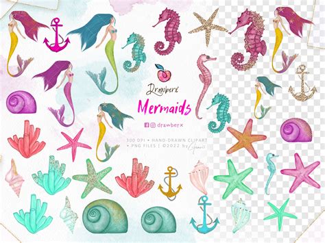 Watercolor Mermaid Clipart Seahorse Png Under The Sea Hand Etsy