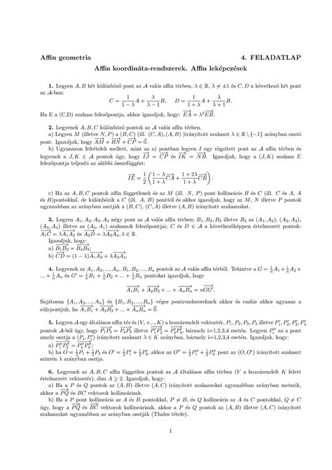 Koord rendszer affinlekepezes Aﬃn geometria 4 FELADATLAP Aﬃn koordin