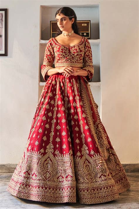 Buy Maroon Lehenga And Blouse Raw Silk Scoop Neck Embroidered Set For Women By Angad Singh