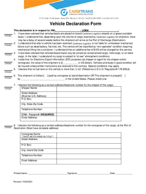 2021 2025 Caribtrans Vehicle Declaration Form Fill Online Printable