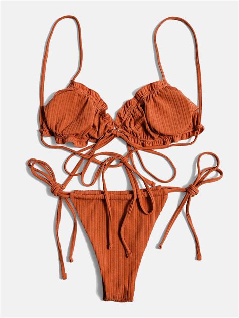 Emmiol Free Shipping Lace Up Ribbed Bikini Set Orange M In Bikini