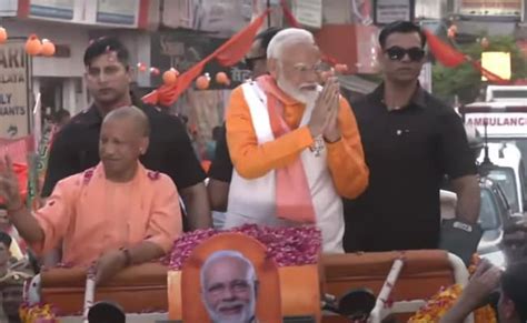 Pm Narendra Modi Holds 6 Kilometre Long Roadshow In Varanasi Ahead Of Filing Nomination For 2024