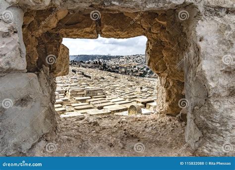 Israel Jerusalem Mount Zion A Unique View Through A Rock To The Old City With Many Tombs In