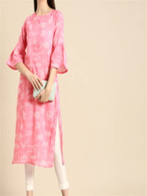 Buy Anouk Women Pink And White Printed Bell Sleeves Pure Cotton Kurta