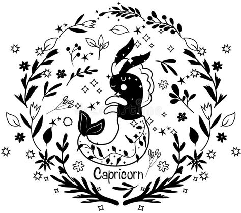 Black And White Capricorn Zodiac In A Colorful Wreath Of Leaves