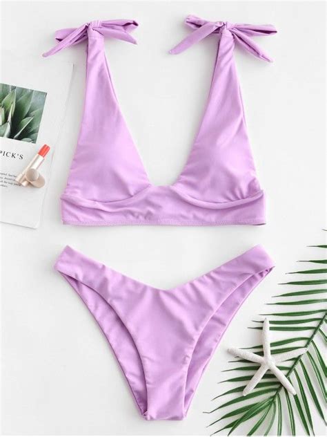 37 OFF 2021 ZAFUL Tie Shoulder Plunging Bikini Set In LOVELY PURPLE