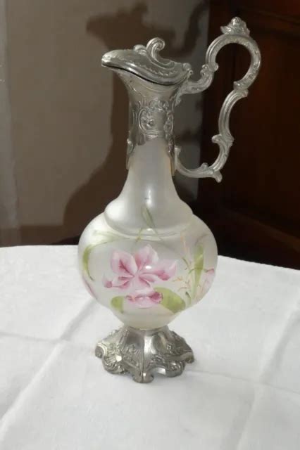 AIGUIERE CARAFE STYLE ART NOUVEAU en verre émaillée et métal Legras