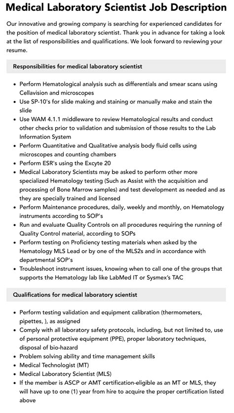 Medical Laboratory Scientist Job Description | Velvet Jobs