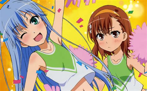 2girls Blue Hair Blush Brown Eyes Brown Hair Cheerleader Green Eyes Headband Index Long Hair