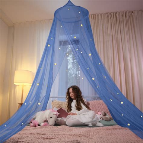 Bollepo Princess Bed Canopy for Girls, Twin Size, with Glowing Stars, Blue Net Bedroom Decor for ...