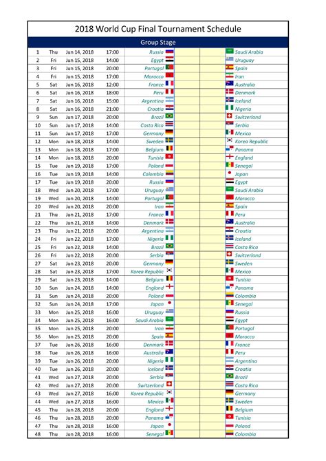 免费 World Cup Time Schedule 2018 Russia | 样本文件在 allbusinesstemplates.com