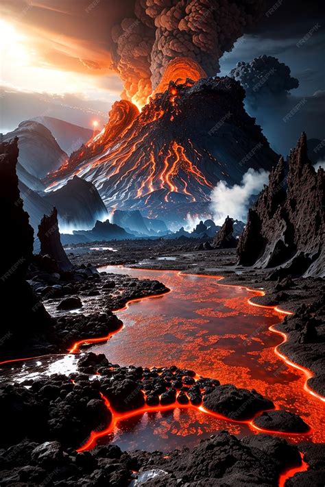 Un Paisaje De Otro Mundo De Un Planeta Lleno De Lava Con Piscinas Burbujeantes De Roca Fundida Y