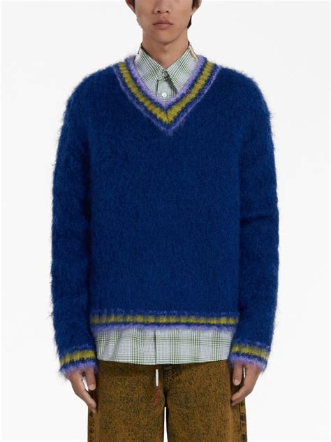 Marni Striped Trim Mohair Blend Jumper Blue Farfetch Uk