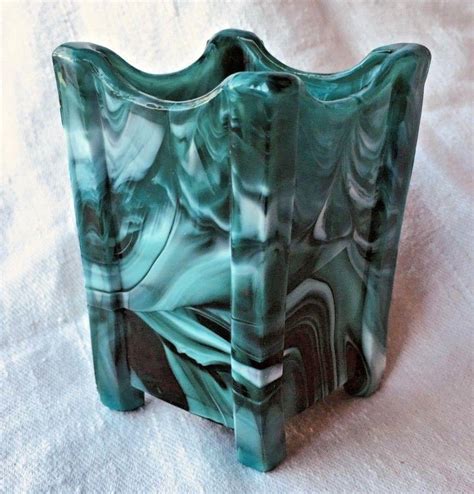 Sowerby 4 Sided Spill Vase Holder Green Slag Malachite Glass Diamond Shape 1958741266