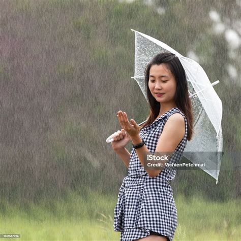 Pretty Young Asian Girl In The Rain With Umbrella Cheerful Pretty Girl