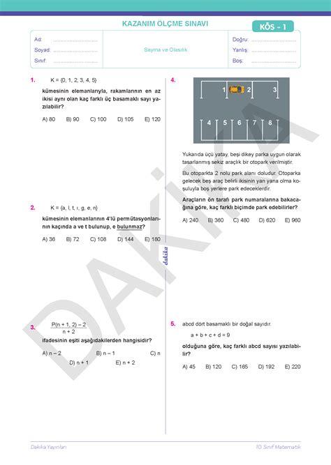 10 SINIF 20 DAKİKADA MATEMATİK YAPRAK TEST Dakika Yayınları