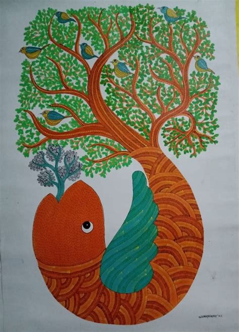 Fish And Tree Gond Painting 24 X 36 International Indian Folk