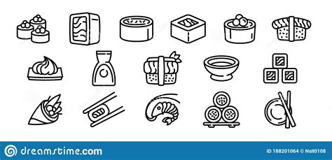 Sushi Roll Icons Set Outline Style Stock Vector Illustration Of Black Cuisine 188201064