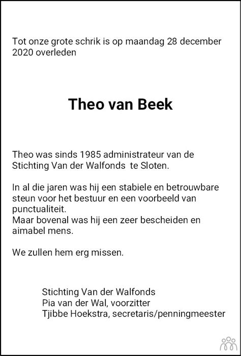 Theo Johan Van Beek 28 12 2020 Overlijdensbericht En Condoleances