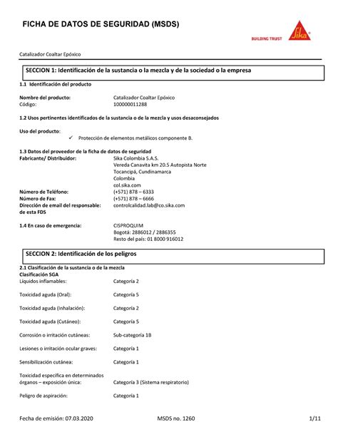 Catalizador Esmalte Epoxico Ficha De Datos De Seguridad Msds