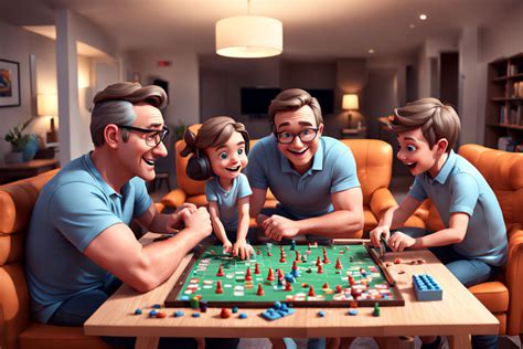 A 3d cartoon dad playing board games with his children in lo... by ...