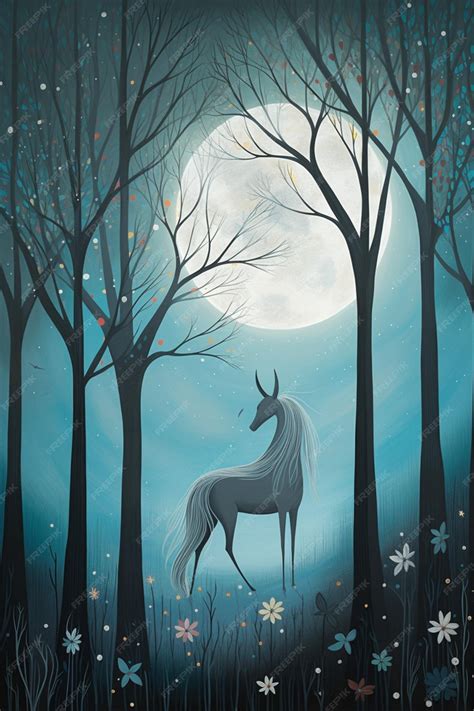 Premium AI Image | A painting of a unicorn with a full moon in the background.