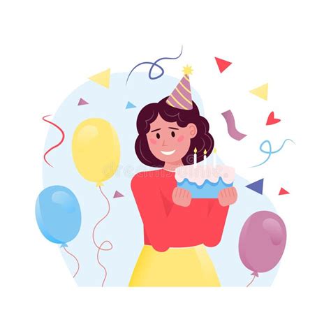 Cartoon Character Of Smiling Young Woman With Confetti Birthday Cake