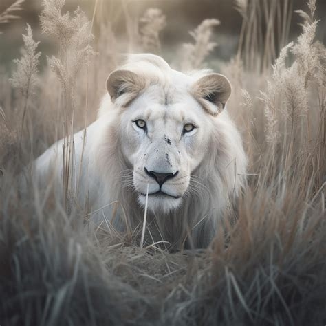 Um Le O Branco Olhos Azuis Est Deitado Na Grama Alta Foto Premium