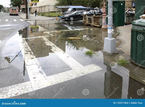 Sewage Drain Clogged Causing Flood On Street Corner Bronx NY Editorial