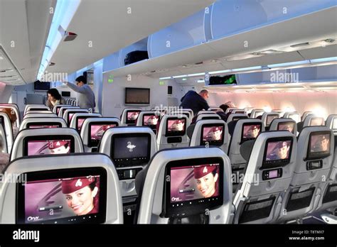 Seats Economy Class, interior view, Airbus A 350 Qatar Airways, Munich ...