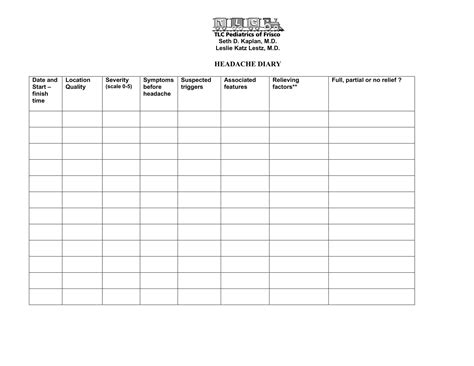 Free Printable Headache Diary Templates PDF Excel