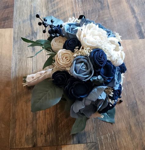 Dusty Blue Roses & Peonies Navy Cream Sola Wood Bride Bridal | Etsy