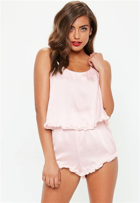 Pink Ruffle Hem Satin Shorts Set Missguided Short Pajama Set Satin