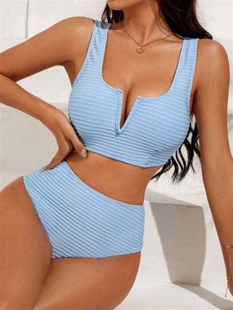 SHEIN Solid V Cut Bikini Swimsuit SHEIN USA