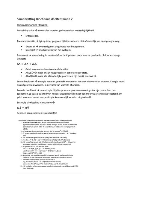 Samenvatting Biochemie Deeltentamen 2 Entropie S Toestandsfunctie