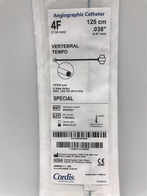 Cordis Srd Special Vertebral Tempo Angiographic Catheter F Cm