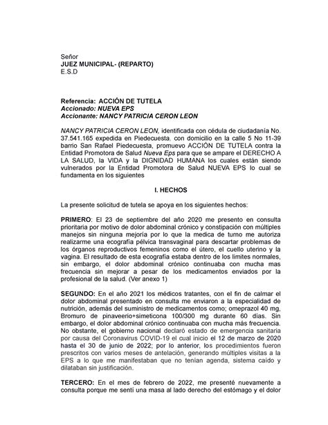 ejemplo de tutela CONTRA LA NUEVA EPS Señor JUEZ MUNICIPAL REPARTO