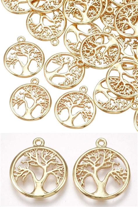 Chgcraft About 50pcs Brass Pendants Flat Round With Tree Of Life Shape Charms Real 18k Gold