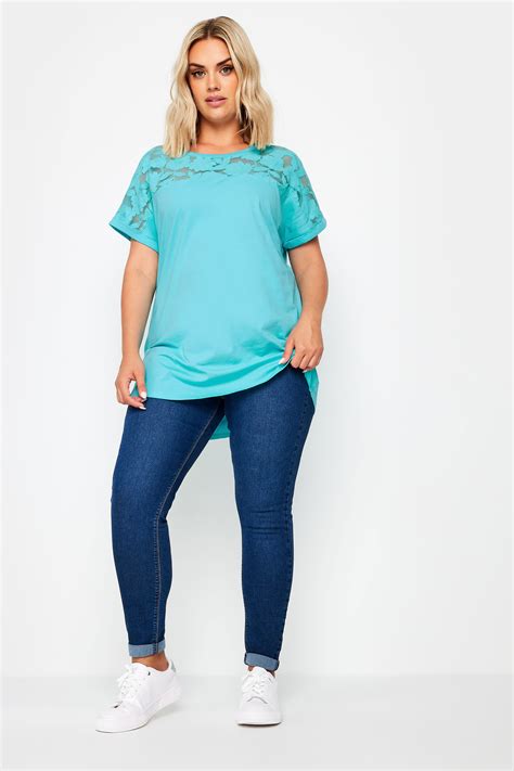 YOURS Plus Size Blue Floral Mesh Panel T Shirt Yours Clothing