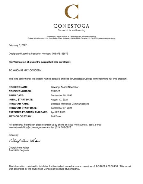 Conestoga College Enrolled Letter February Designated