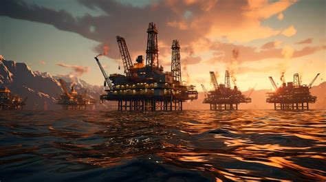 Premium AI Image Oil Rigs At Sea With Sunrise