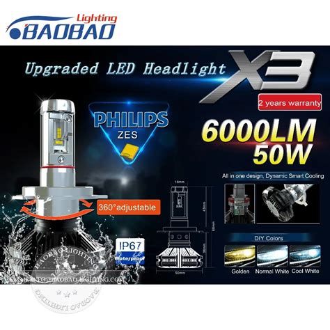 Hujo Car X3 Car Led Headlight Kit Zes Gen2 Chips 50w 6000lm 3000k 6000k