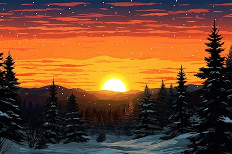 Premium Photo | Christmas winter sunset with evergreen trees