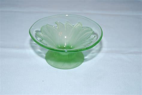 Green Depression Glass Art Deco Frosted Flower Pedestal Bowl Etsy